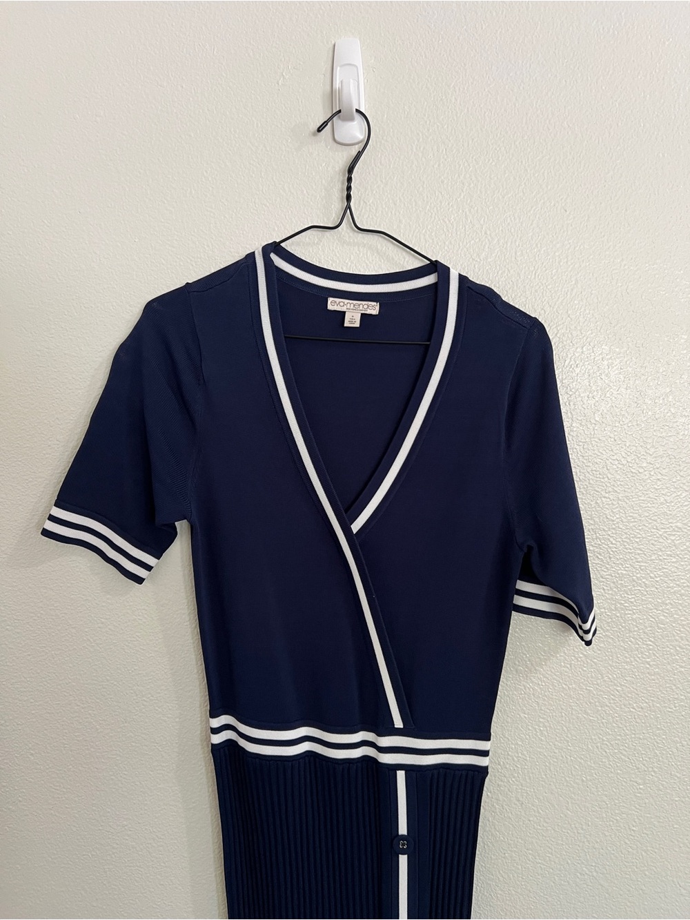 Eva Mendes Tall S Navy Knit Wrap-Style Dress with White Trim